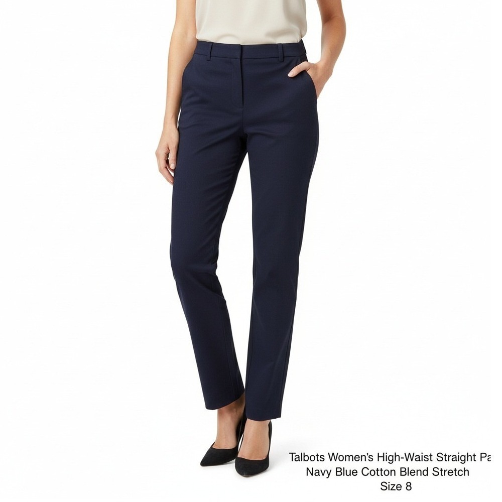 Talbots Womens High-Waist Straight Pant Navy Blue Cotton Blend‎ Stretch Size 8